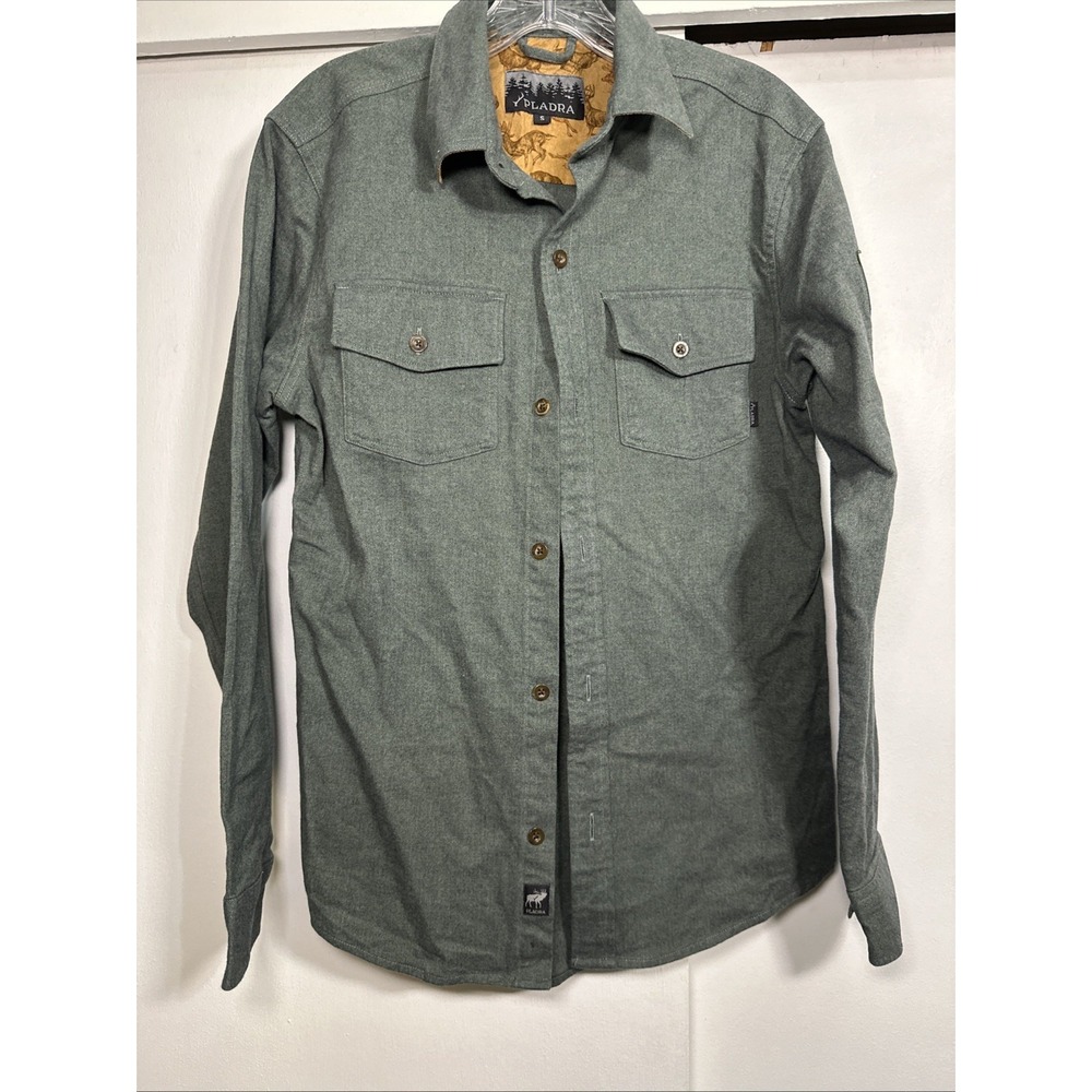 Pladra Flannel Shirt Men's Small Green Herringbone Flip Cuff Pockets Made in USA